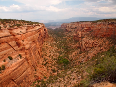 [High canyon walls have greenery below, but the greenery sits in a canyon of its own. At the far end is what appears to be a small scooped out portion of land which is actually the inner canyon.]